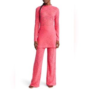 NORDSTROM Open Edit Women Lace Tunic Pajamas Set Pink Rapture MEDIUM {NWT}